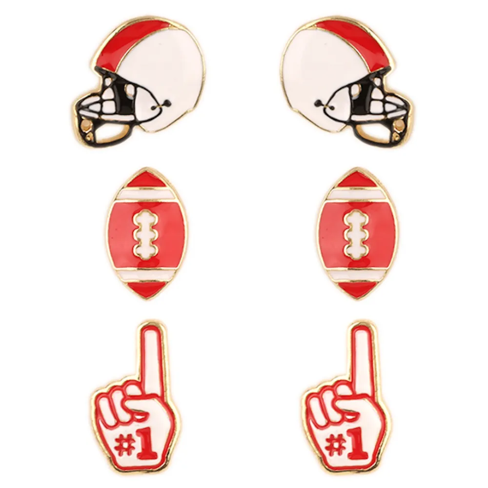 SET OF 3 GAMEDAY ENAMEL STUD EARRINGS- RED AND BLACK