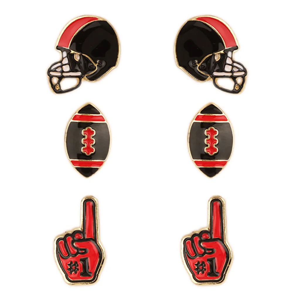 SET OF 3 GAMEDAY ENAMEL STUD EARRINGS- RED AND BLACK