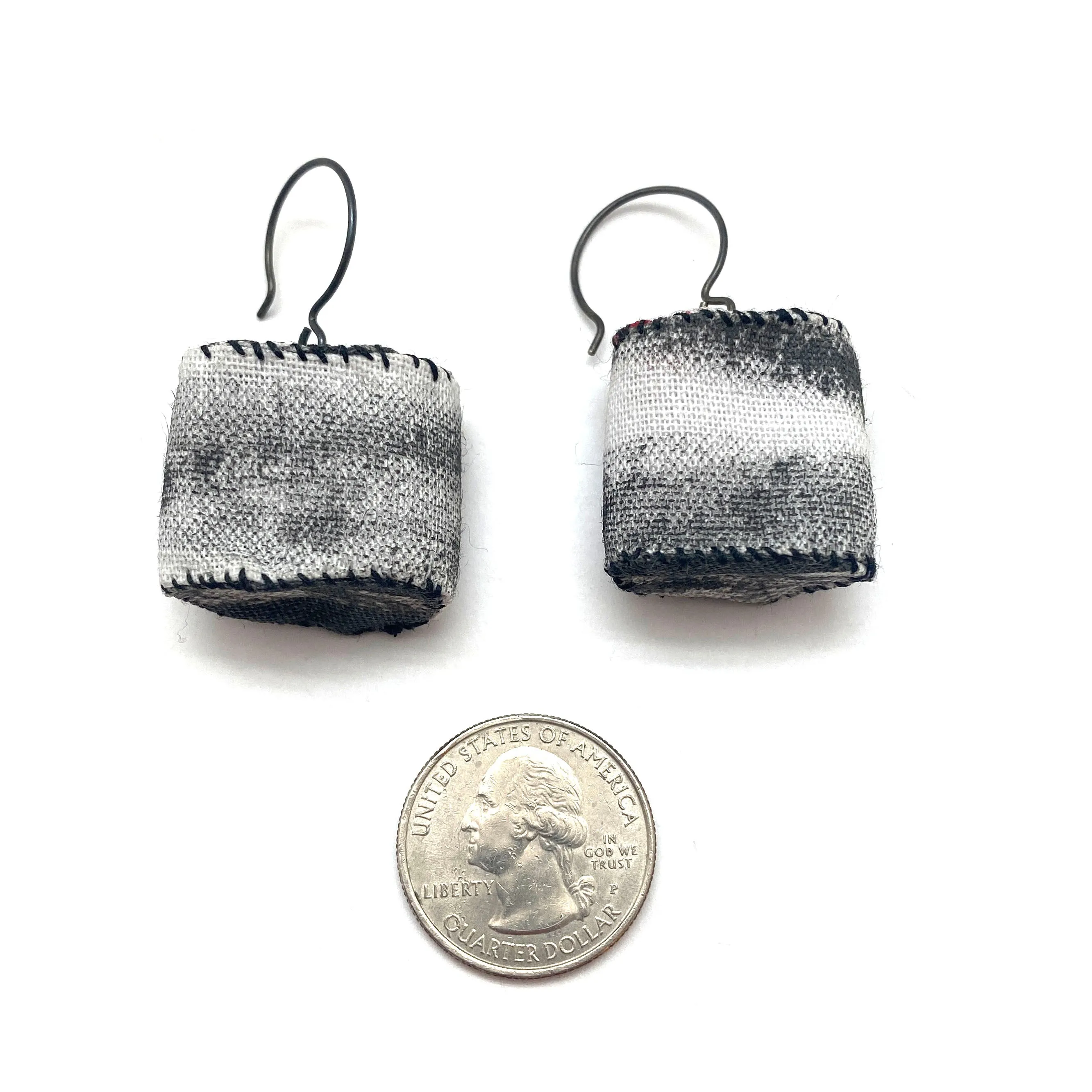 Short Black and White Fabric Tube Earrings