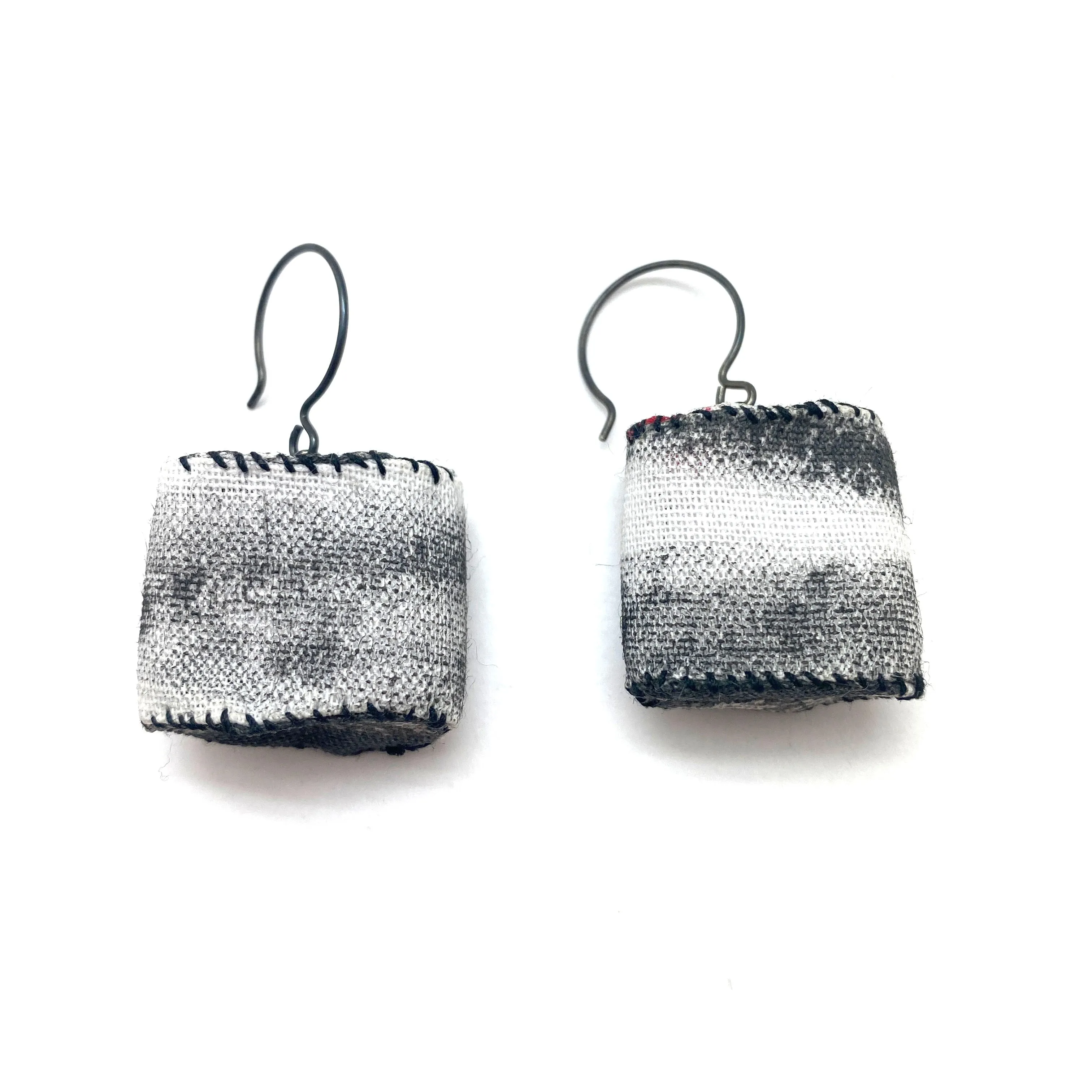 Short Black and White Fabric Tube Earrings