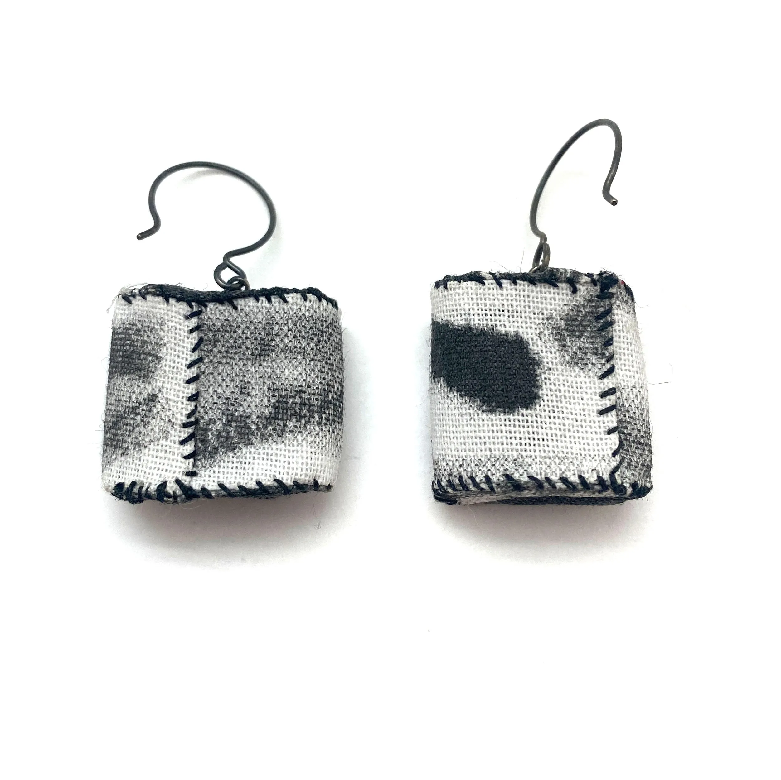 Short Black and White Fabric Tube Earrings