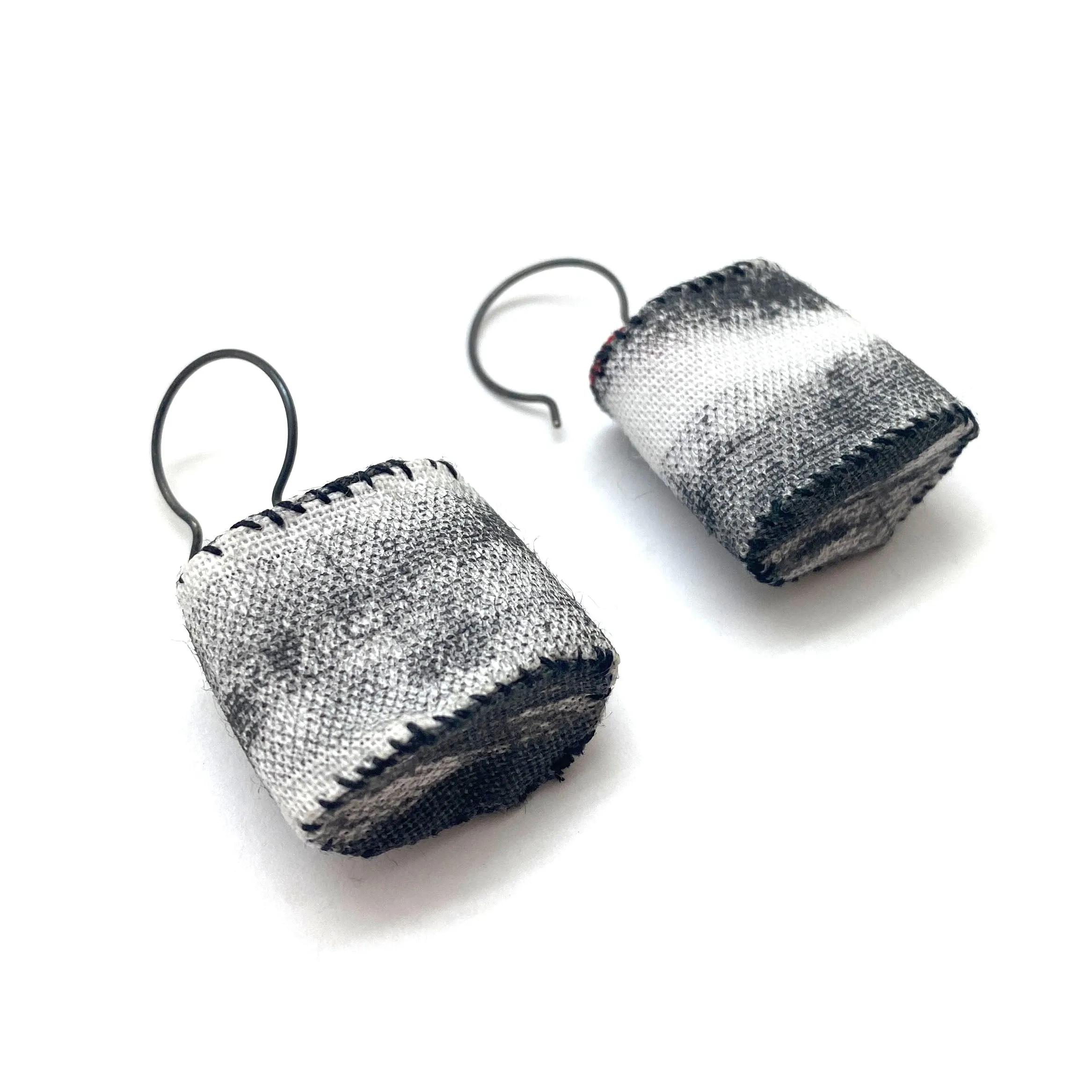 Short Black and White Fabric Tube Earrings