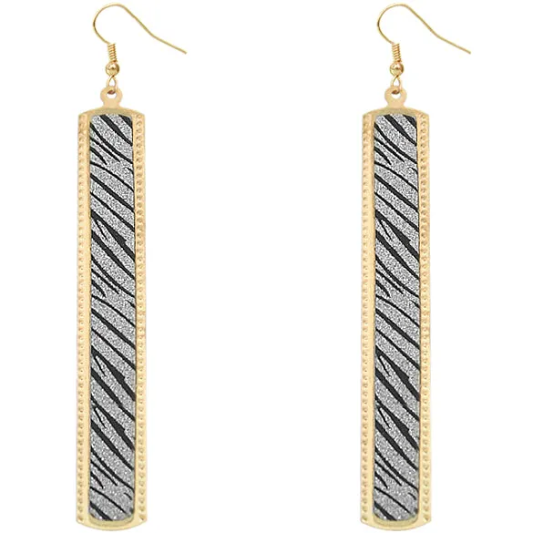 Silver Zebra Glitter Stick Dangle Earrings