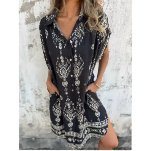 💕Spring New Arrival💕Loose-Fit Printed Short Sleeve Dress with Pockets