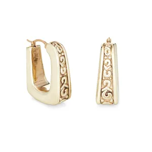 Square Hoop Earrings Vintage 14k Yellow Gold Scrolled Design 1" Drops Jewelry