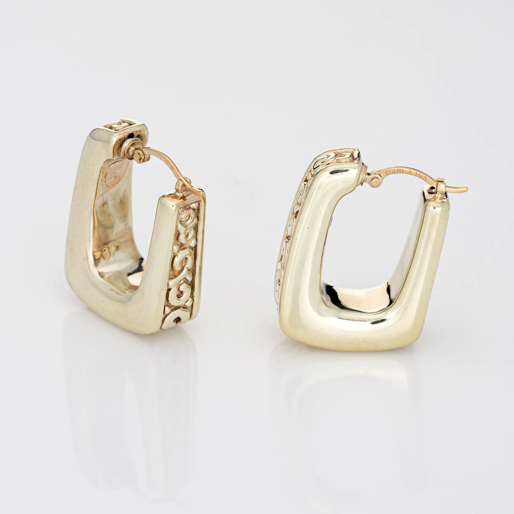 Square Hoop Earrings Vintage 14k Yellow Gold Scrolled Design 1" Drops Jewelry