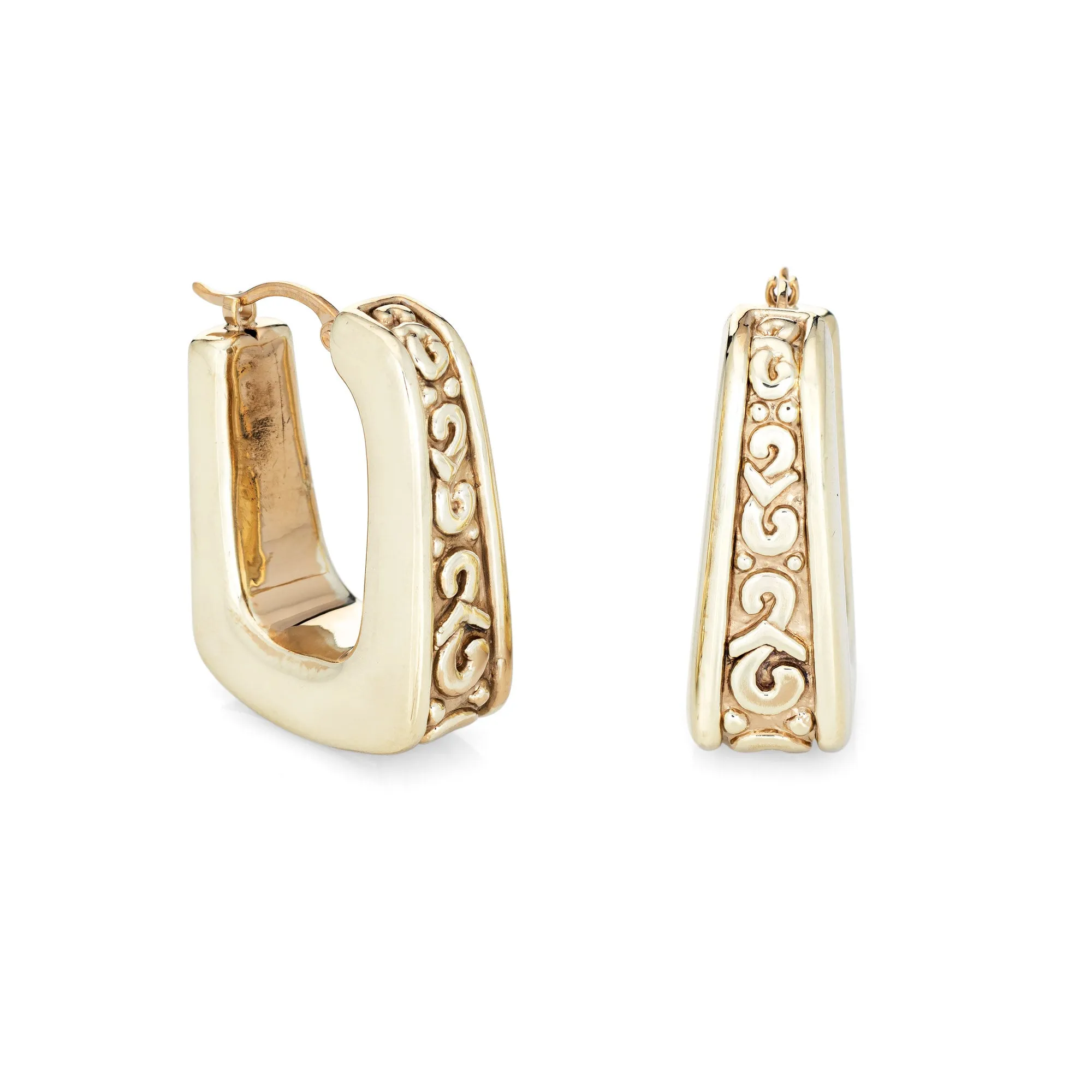 Square Hoop Earrings Vintage 14k Yellow Gold Scrolled Design 1" Drops Jewelry
