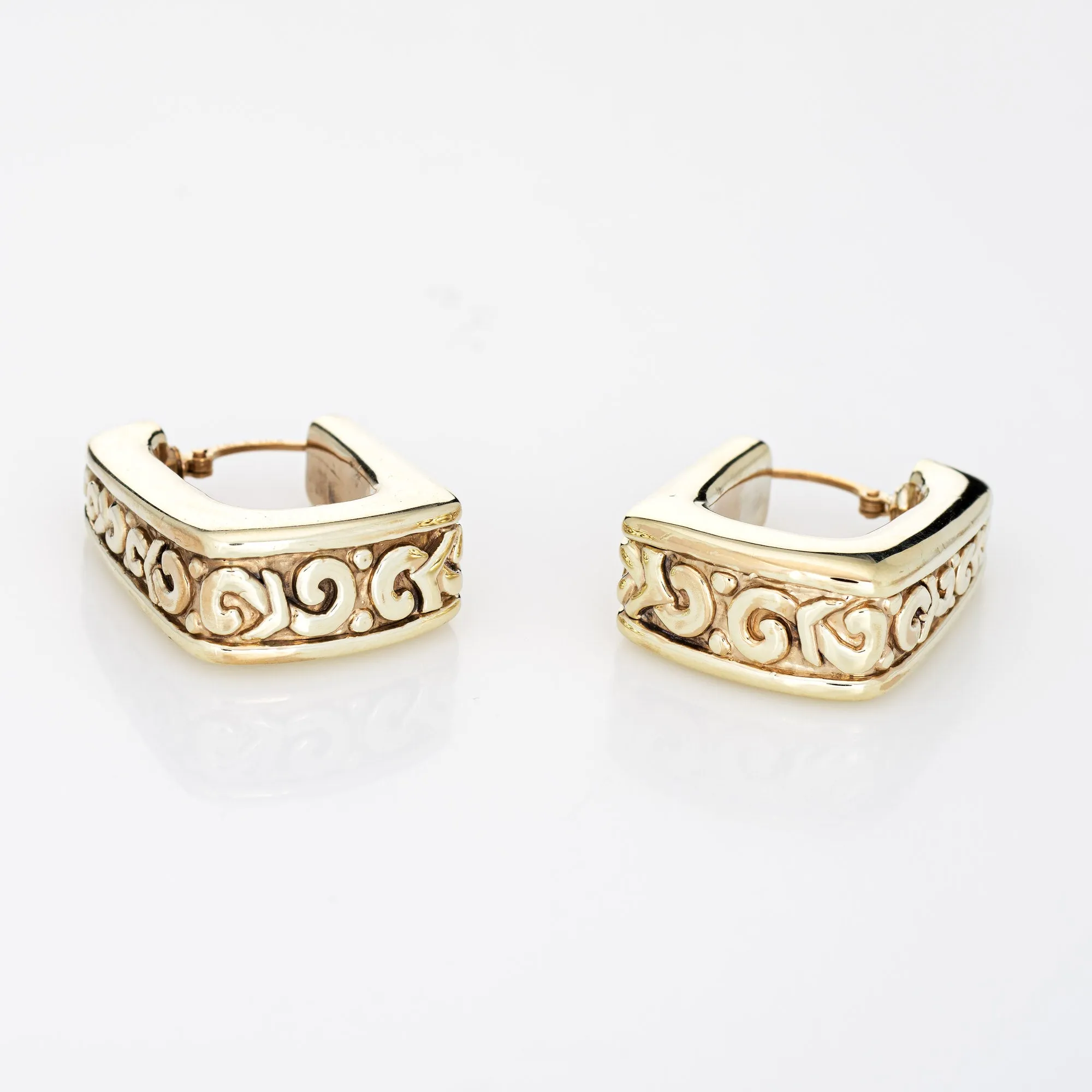 Square Hoop Earrings Vintage 14k Yellow Gold Scrolled Design 1" Drops Jewelry