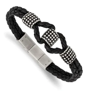 Stainless Steel Antiqued & Polished Black Leather w/.5in ext 8in Bracelet