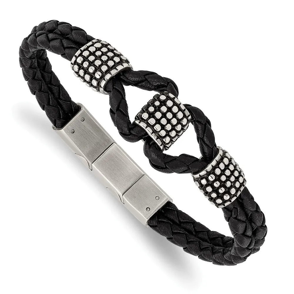 Stainless Steel Antiqued & Polished Black Leather w/.5in ext 8in Bracelet