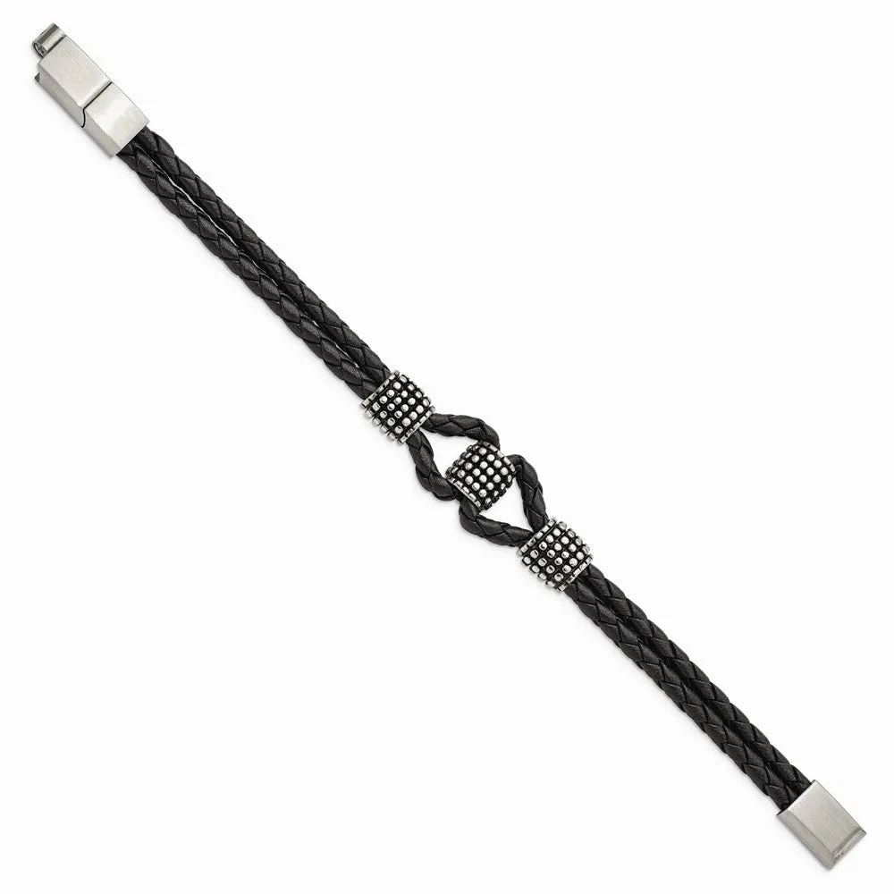 Stainless Steel Antiqued & Polished Black Leather w/.5in ext 8in Bracelet