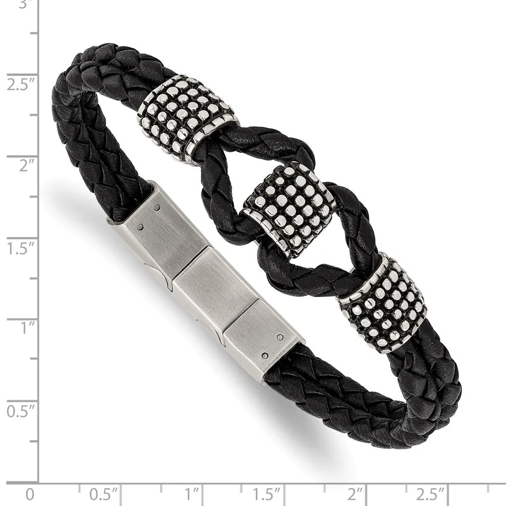 Stainless Steel Antiqued & Polished Black Leather w/.5in ext 8in Bracelet