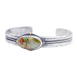 Sterling Silver Hammered Double Cuff with Royston Ribbon Turquoise   24ct. Gold Accents