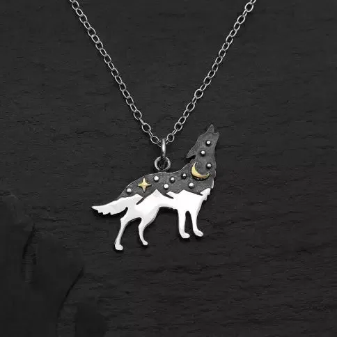 Sterling Silver Wolf Necklace with Bronze Star and Moon