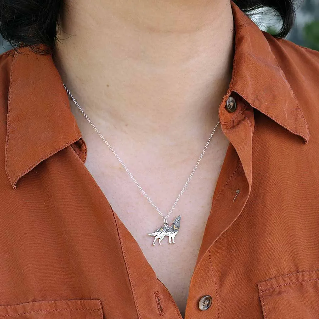 Sterling Silver Wolf Necklace with Bronze Star and Moon