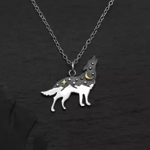Sterling Silver Wolf Necklace with Bronze Star and Moon
