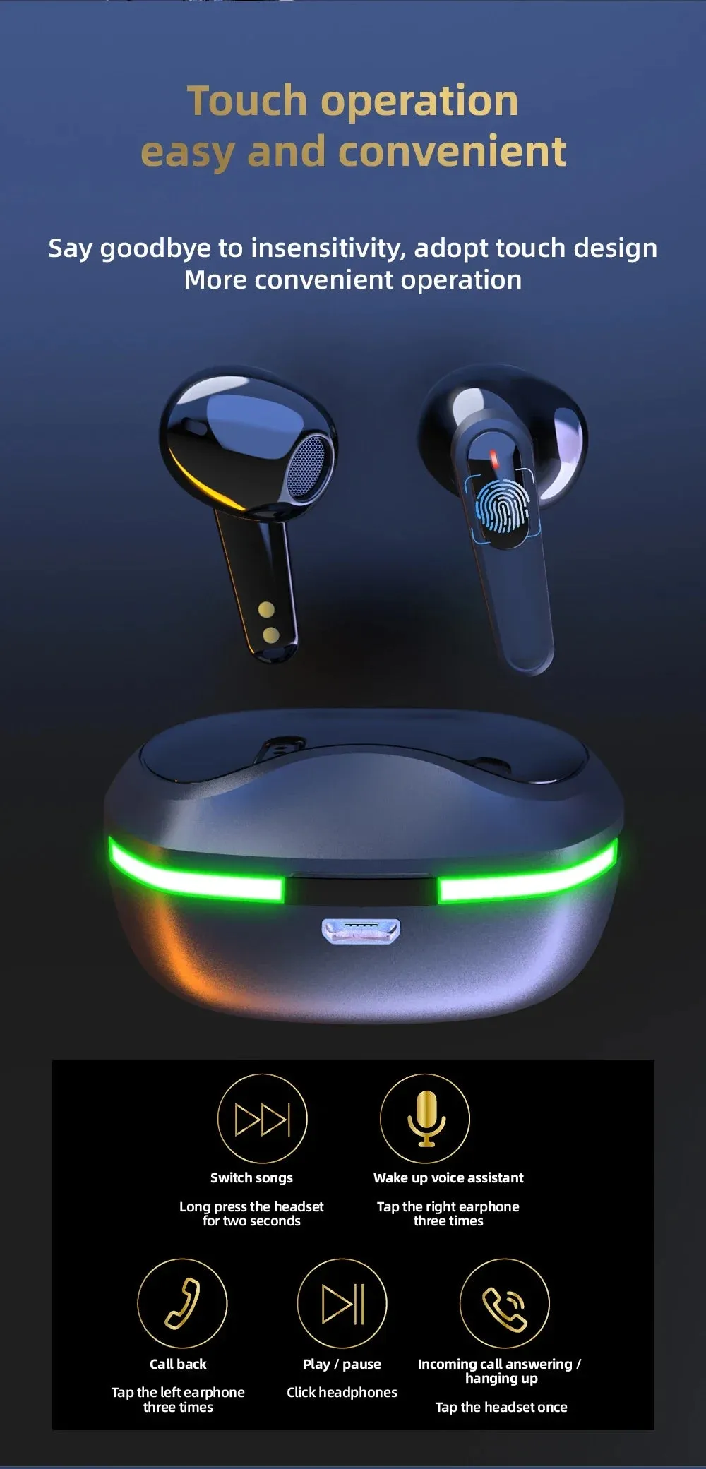 SW-P60 Wireless bluetooth earphones Headset Touch Light With Mic HiFi Stereo Headset Sports Outdoor Earbuds Ear Games Music