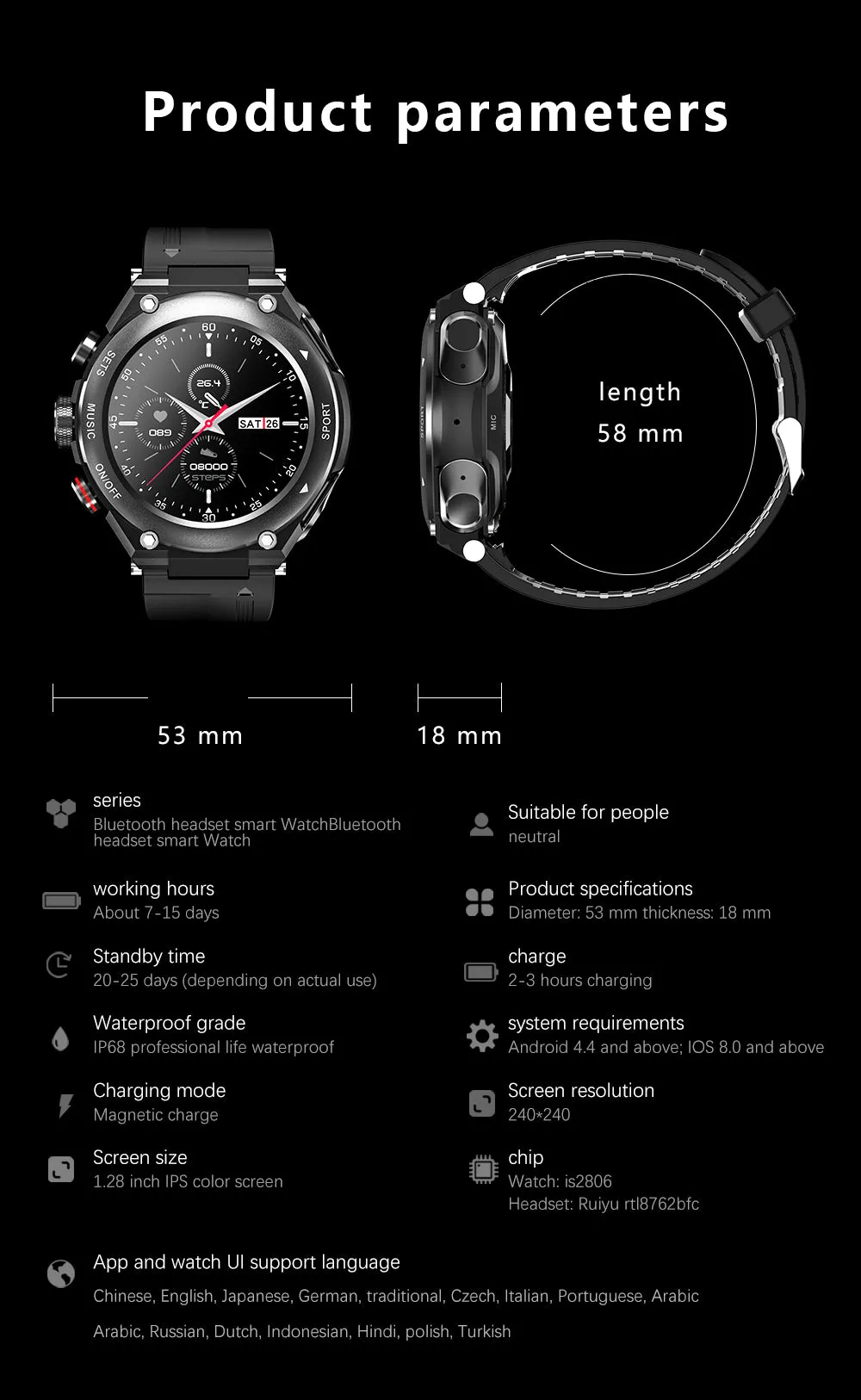 T92 Body Temperature Local Music Calling Earbuds Smartwatch Earphone Smart Watch Earbuds 2 in 1