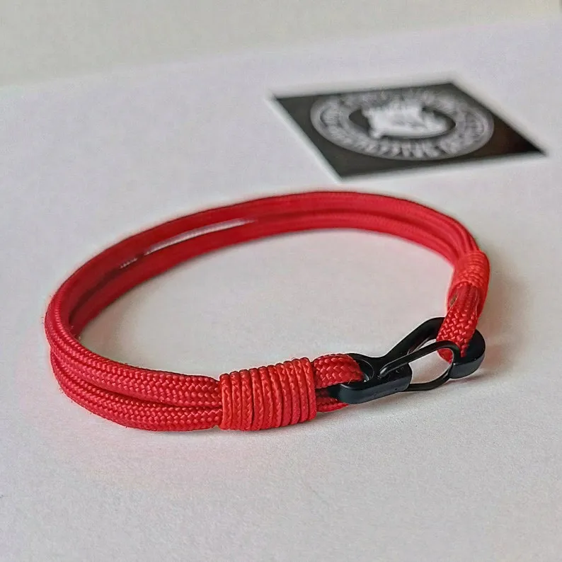 Thin legendary red paracord and carabiner bracelet. Unloading camp. Surfer bangle. Extreme durable.