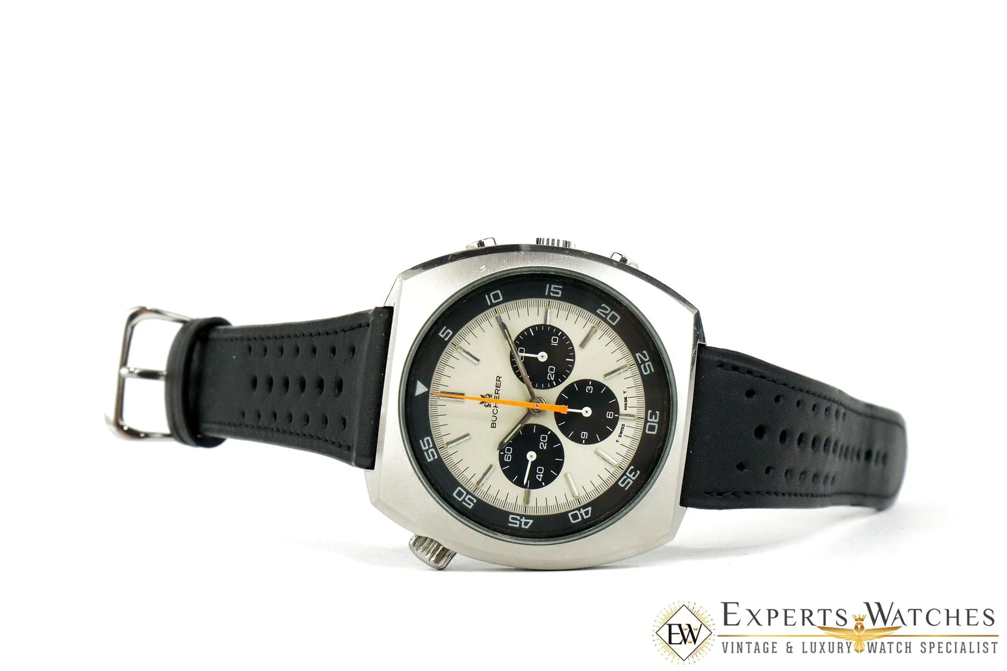 Vintage 1970s Bucherer 9653 Chronograph Panda Dial Diving Soccer Timer CPO Watch