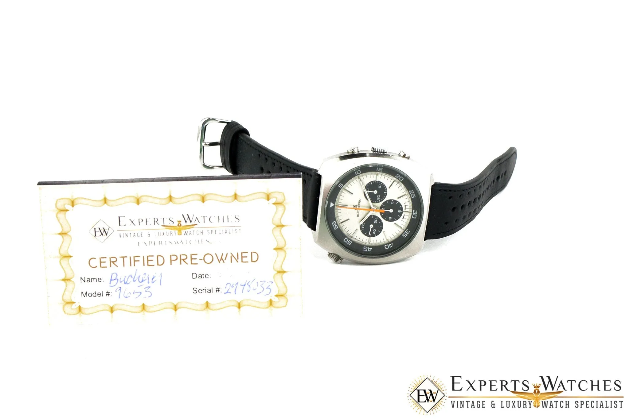 Vintage 1970s Bucherer 9653 Chronograph Panda Dial Diving Soccer Timer CPO Watch