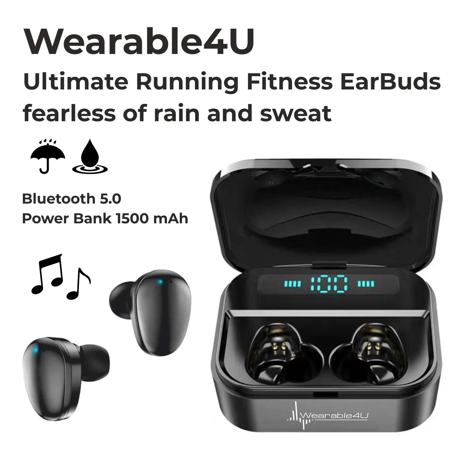 Wearable4U Wireless Bluetooth EarBuds with Charging Power Bank 1500 mAh Case
