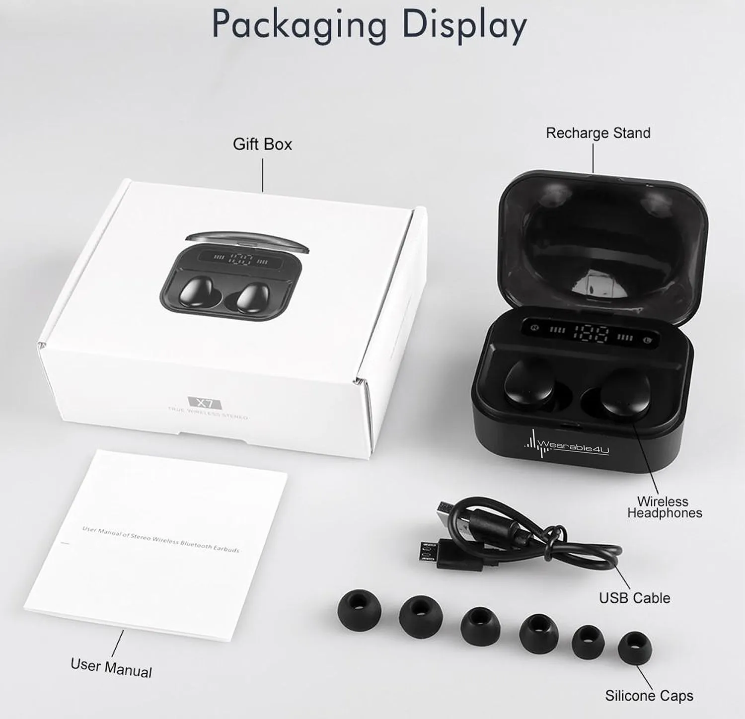 Wearable4U Wireless Bluetooth EarBuds with Charging Power Bank 1500 mAh Case