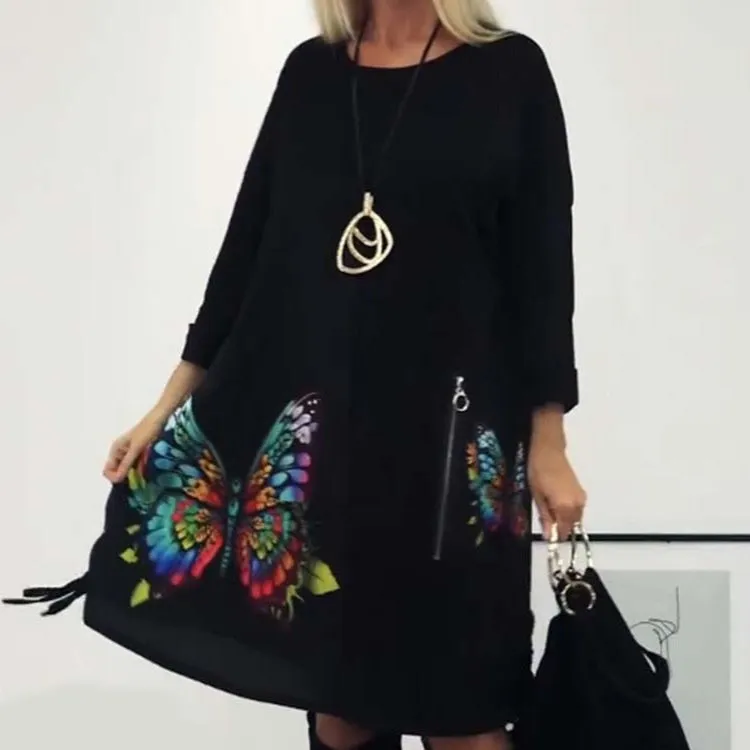 🎁Women's Loose Butterfly Print Round Neck Dress