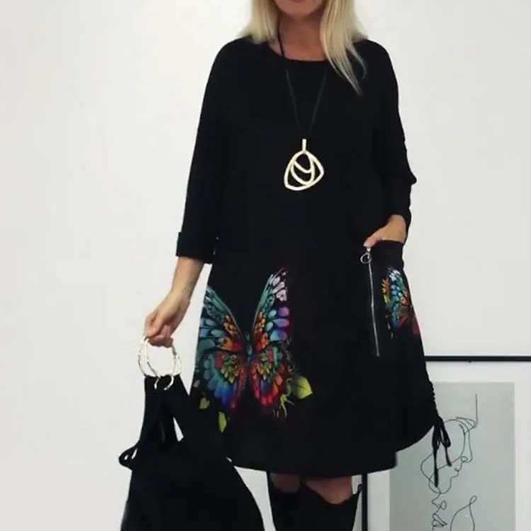🎁Women's Loose Butterfly Print Round Neck Dress